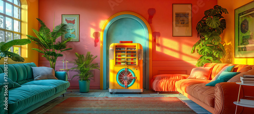Retro-Futuristic Jukebox in Bright, Colorful Living Room Interior  © Infini Craft