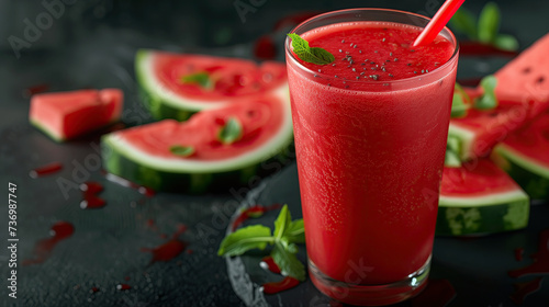 watermelon smoothie, watermelon slices on black background. a glass of refreshing watermelon juice