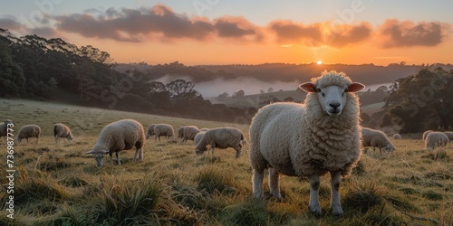 Fluffy Sheep grazing on a Lush Green Hillside as the First Light of Sunrise Paints the Sky in Soft Pastel Hues Symbolizing Tranquility and the Beauty of Life created with Generative AI Technology
