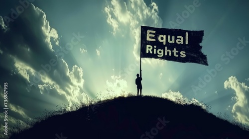 Equal Rights Banner: A silhouette of a banner with the words "Equal Rights" written on it, fluttering in the wind, symbolizing the ongoing struggle for justice and equality.