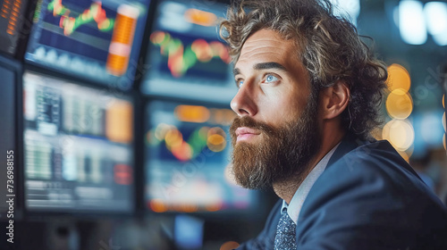 Young man trader sitting in front of computers looking at the screens analyzing charts. Finance stock markets cryptocurrency concept
