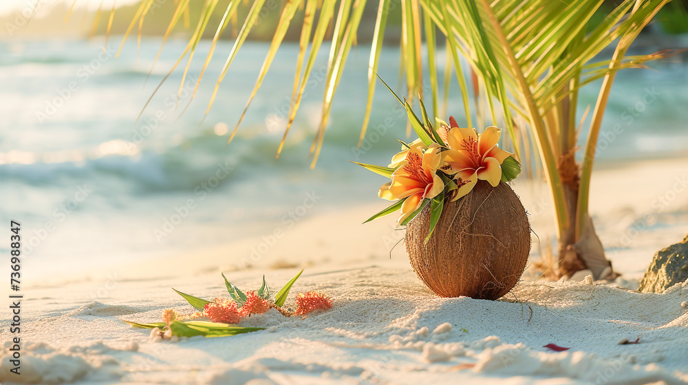Coconut with orange flowers lying on sand on the beach under palm trees. Bright sunlight shadows.Tropical nature summer vacation concept