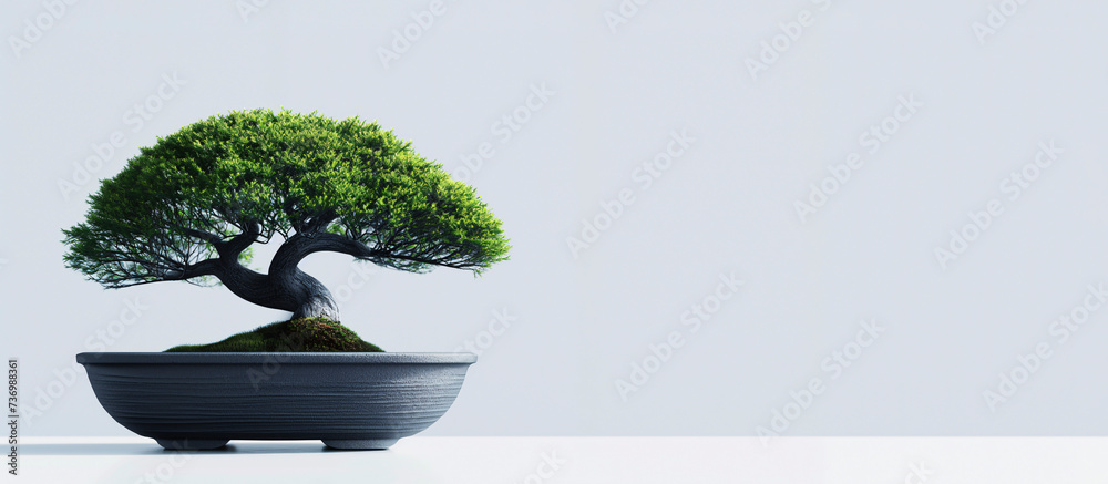 Fondo minimalista de un bonsai en primer plano sobre un fondo claro y liso - obrazy, fototapety, plakaty 