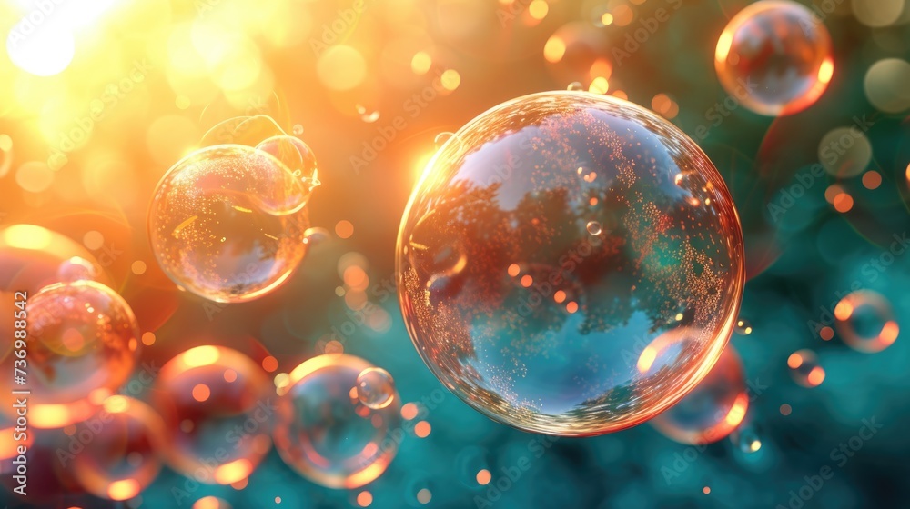 Soap bubbles with colorful reflections and bokeh lights