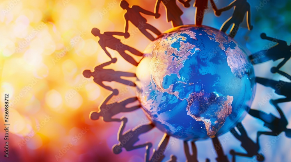 Silhouette of a Globe with People Holding Hands Around It: A globe surrounded by silhouettes of people holding hands in a circle, representing global unity and cooperation for equality.
Silhouette of a Globe with People Holding Hands Around It: A globe surrounded by silhouettes of people holding hands in a circle, representing global unity and cooperation for equality.