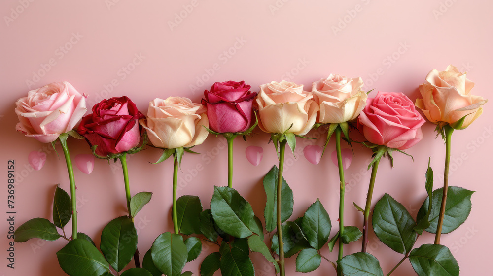 Fototapeta premium A Row of Pink and Red Roses on a Pink Background