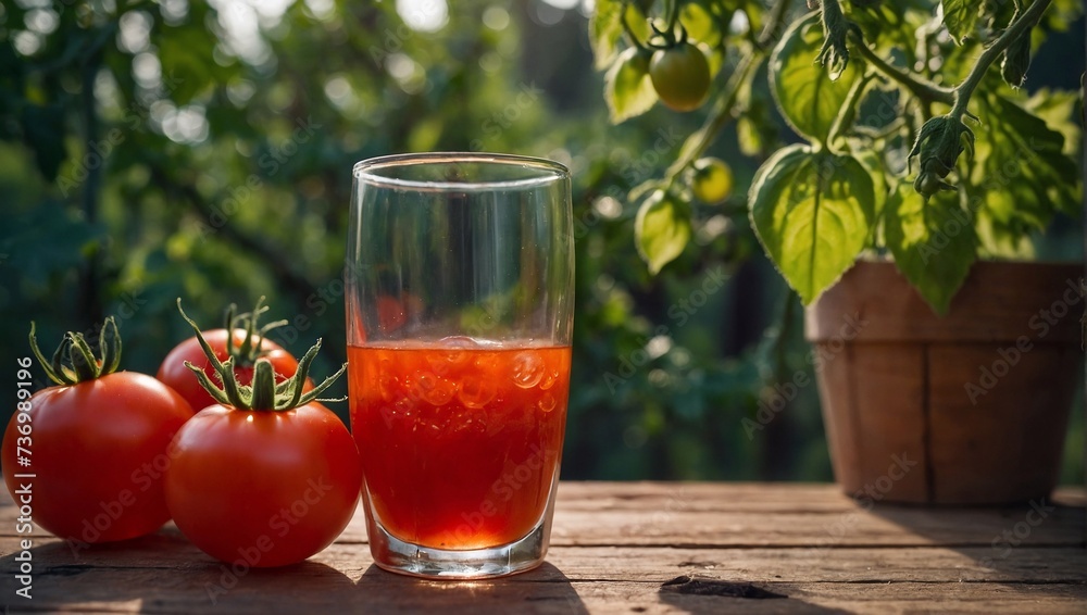 Transparent glass with tomato juice and ice. Cherry tomato bushes in the background. Concept: farm products, fresh juice Bloody Mary