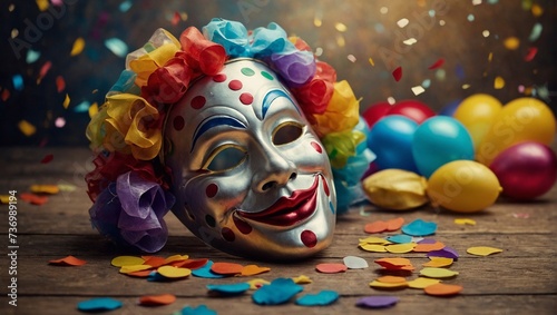 Purim Concept: clown mask, confetti, colorful balloons. Jewish holiday of spring and joy