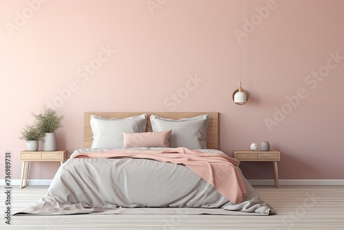 bedroom in a minimalist Scandinavian style in dusty pink with a chalky blue undertone
