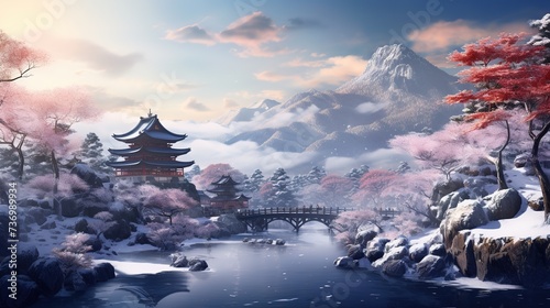 japanese castle in pink tree zen garden winterview , ai generative Pro Photo © SazzadurRahaman
