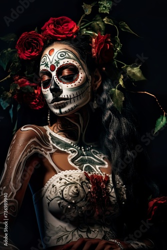 Portrait of a beautiful woman with painted face of the day of the dead with the colors of Mexico . Photo taken in studio