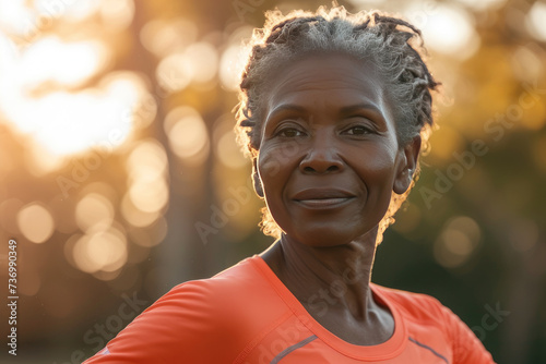 Senior African woman running in the park under the morning sun, health and activity in old age © boxstock production
