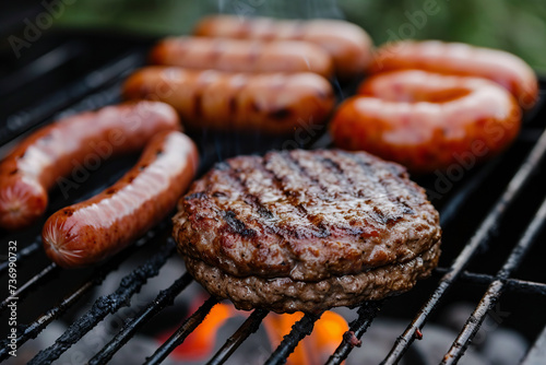 A close-up of the process of cooking a hamburger and sausages on an outdoor gas grill. The concept of healthy eating