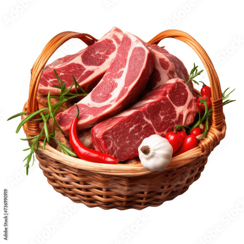 Beef raw materials in basket ready for cooking on transparent background