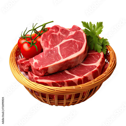 Beef raw materials in basket ready for cooking on transparent background