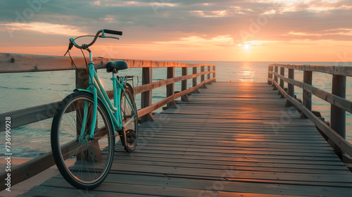 Lonely beautiful mint bike on wooden boardwalk to sea with soft sunset