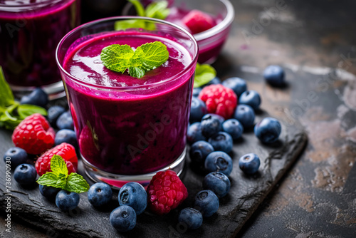 In a holistic vegan cafe or juice bar, delicious natural acai and other berry juice made only from organic ingredients is on the table. Healthy lifestyle and food choices