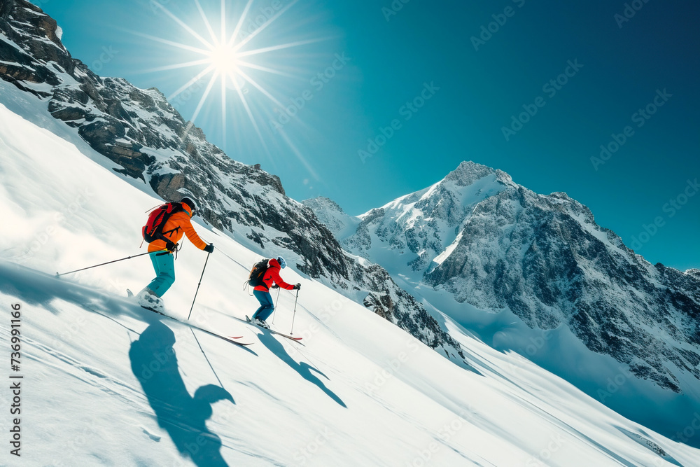 Wide shot of two skiers on randonneuring skis on a steep snowy mountain slope. Extreme sports adventures, ski tourism on a sunny mountain slope. Skiing on fresh snow