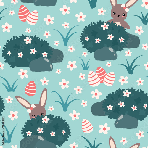 cute cartoon rabbit and easter eggs in the meadow seamless vector pattern background illustration 