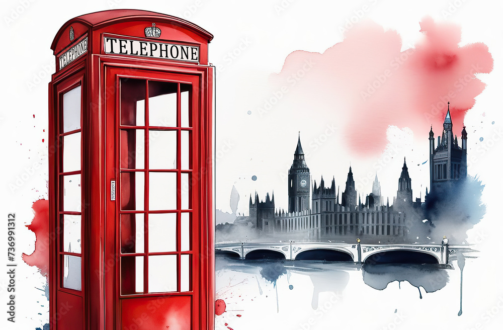 Fototapeta premium Beautiful watercolor illustration of red London telephone boxes in London, UK.