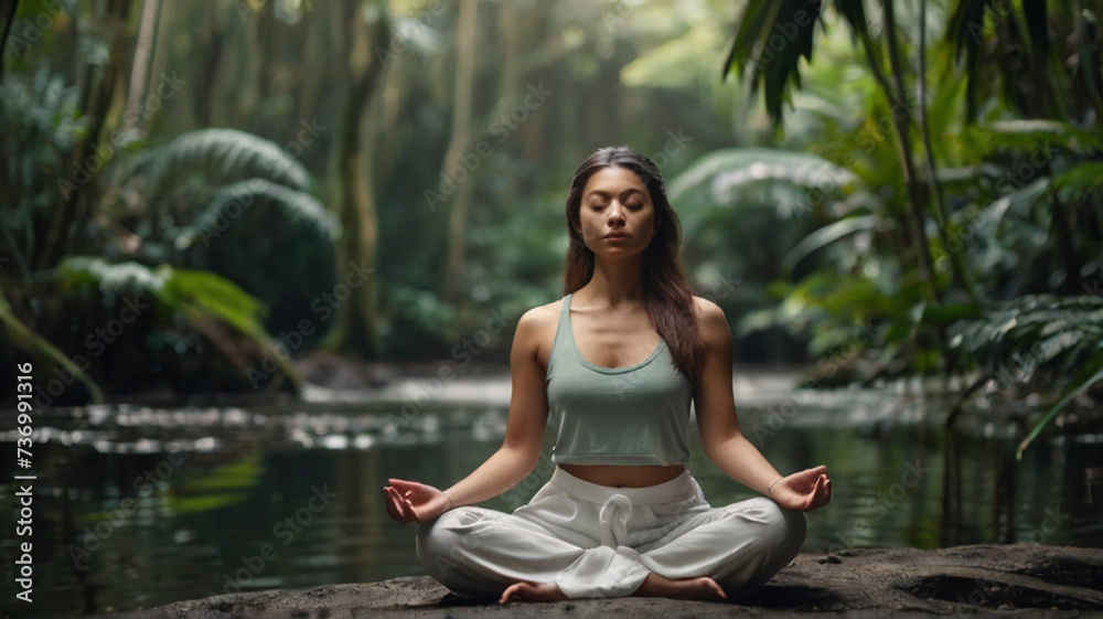 Natural beautiful woman practising yoga and meditation in the tropical rainforest