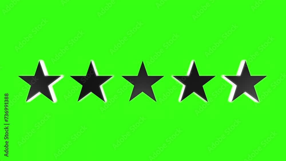 5 black stars appear on a green screen. 3D animation. Concept of assessments and ratings.