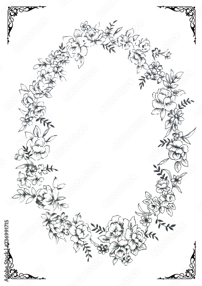 飾り枠と線描き楕円形のエレガントな花フレーム素材【手描き】白バック 透過背景