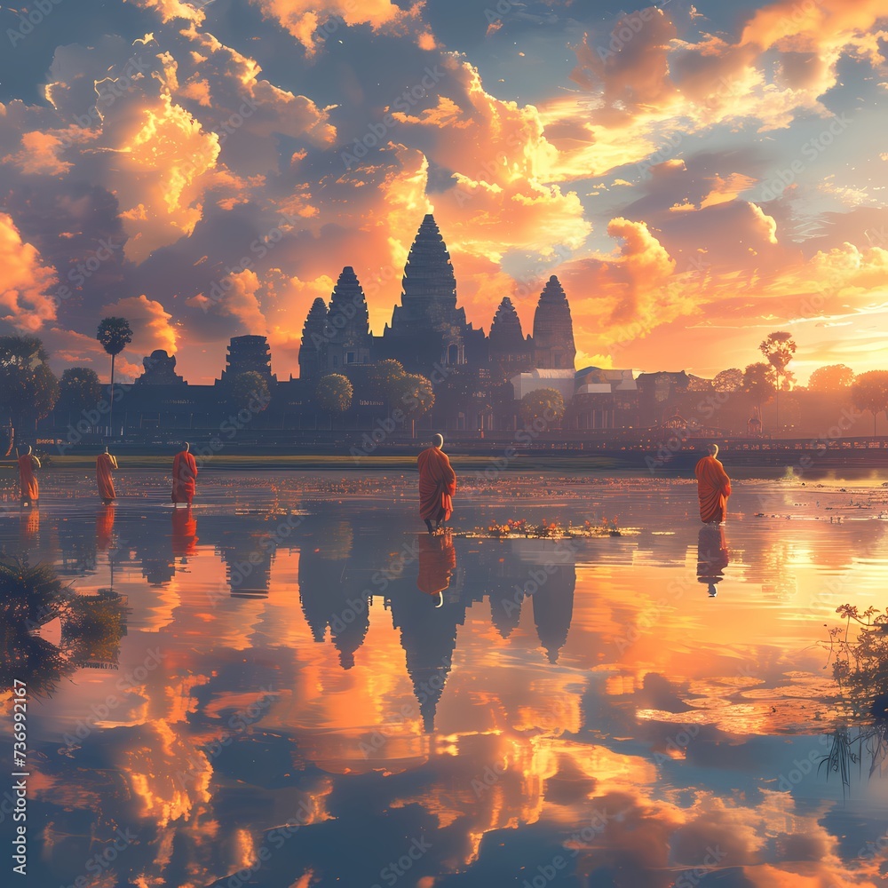 Serene Sunrise at Ancient Temple with Monks Reflecting on Water