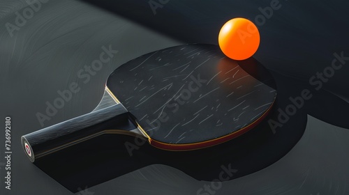 table tennis racket with orange ball on black table. black background. black tones © Zahid