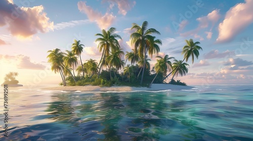 Beach on a sandy island in the ocean, seascape, tropical island with palm trees, and sea view. Exotic travel,