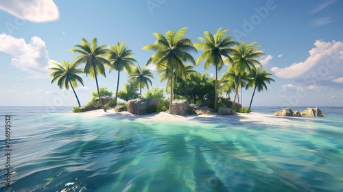 Beach on a sandy island in the ocean  seascape  tropical island with palm trees  and sea view. Exotic travel 