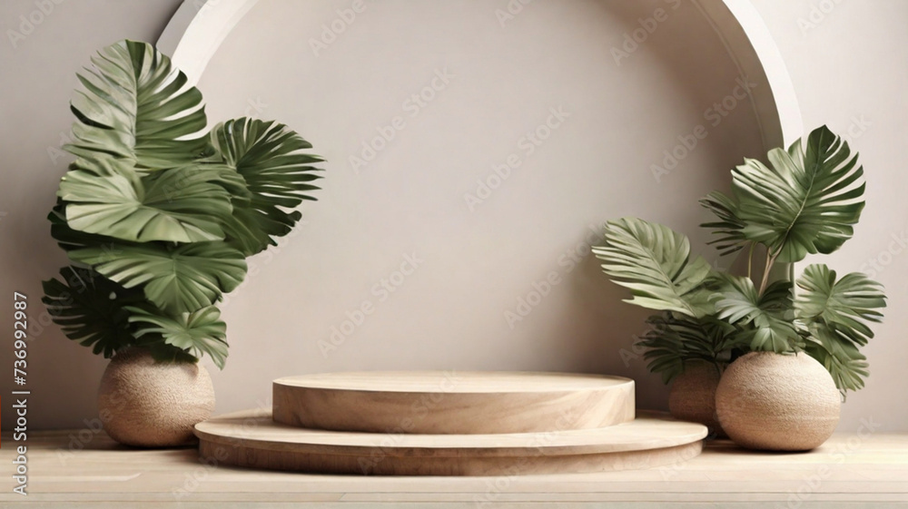 Wooden minimal style pedestal, simple round stand with green tropical plants around. Product presentation concept.	