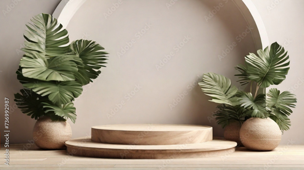 Wooden minimal style pedestal, simple round stand with green tropical plants around. Product presentation concept. Wooden minimal style pedestal, simple round stand with green tropical plants around. Product presentation concept.
