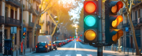 Busy financial district in Barcelona with a vibrant traffic light concept. Concept Financial District, Barcelona, Traffic Lights, Vibrant Concept photo