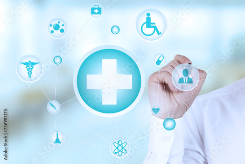 Health insurance concept for people with disabilities. A doctor with a stethoscope points to a wheelchair sign and other medical icons on a virtual screen.