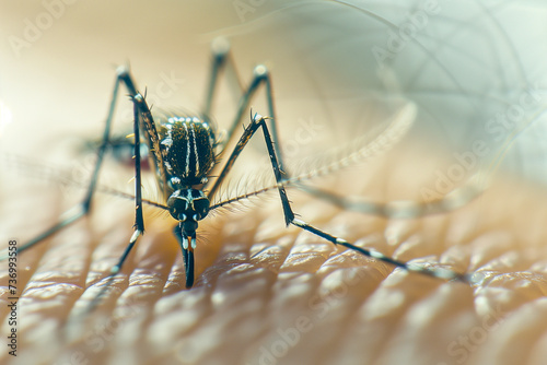 Macro Photography of a tiger mosquito on human skin, dengue epidemic disease photo