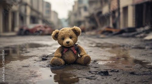Sad abandoned little teddy bear sitting on the ground in the destroyed street after war or earthquake. Human suffering and concept of destroying childhood by war.