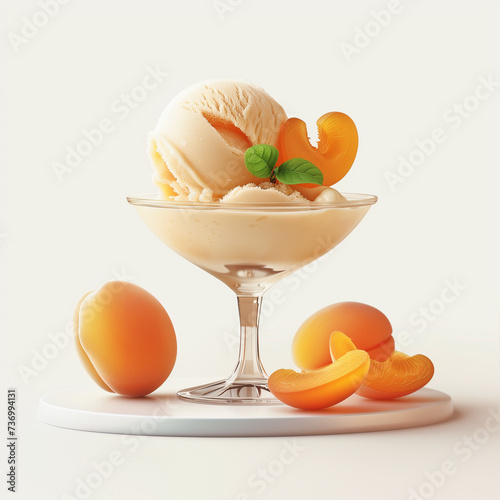 delicious balls of apricot ice cream with pieces of fruit in a bowl on a light background