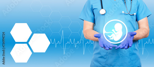 Принти на полотні In the hands of a gynecologist, an embryo icon, as a symbol of conception and in vitro fertilization
