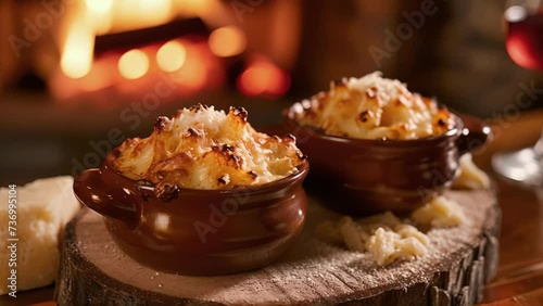 Get ready to warm up with these adorable miniature ceroles served atop a crackling hearth. Each dish is filled with a mix of tender pasta aromatic es and gooey cheese making photo