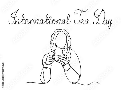International Tea Day, teapot and cup of tea,continuous single line art drawing sketch