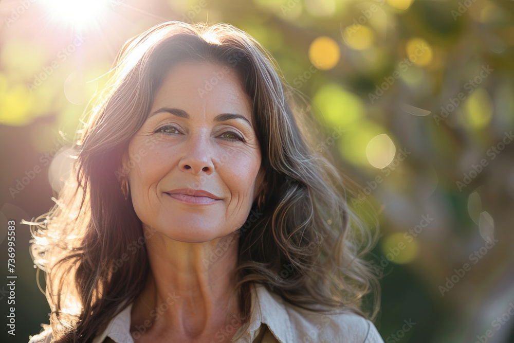 Headshot of beautiful mature Hispanic woman with blurred nature background in soft morning sunlight. Old age skin care concept Headshot of beautiful mature Hispanic woman with blurred nature background in soft morning sunlight. Old age skin care concept