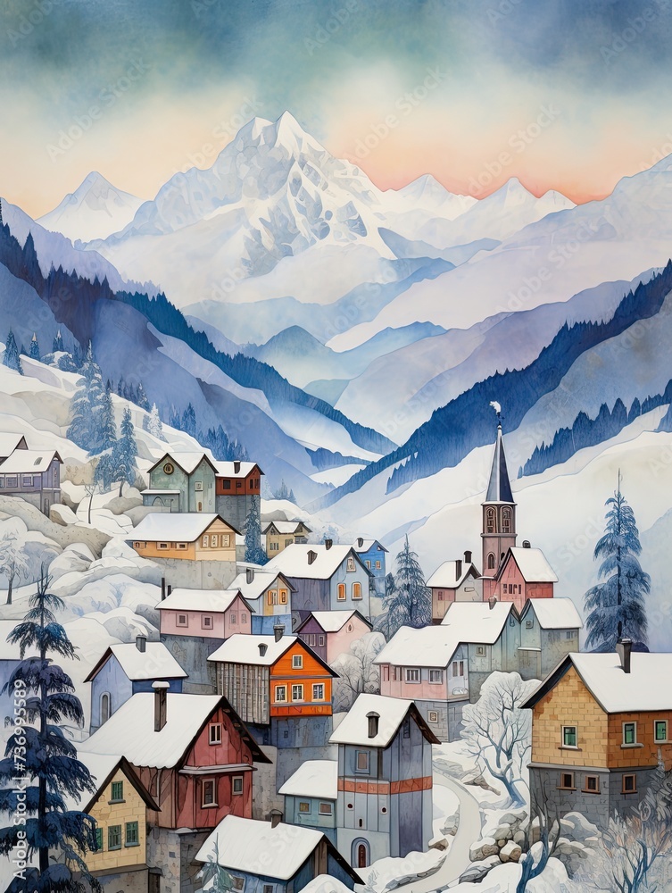 Snowy Coastal Alpine Villages: Winter Beach Scene Painting