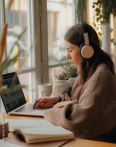 Young Woman Studying with Headphones and Laptop © piknine