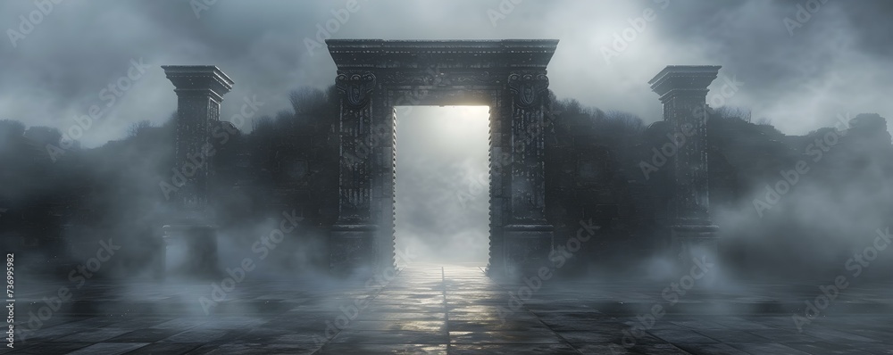 Eerie symbols mar an ancient gateway invoking a chilling sense of foreboding. Concept Mysterious Gateway, Sinister Symbols, Foreboding Atmosphere, Ancient Enigma, Chilling Mystery