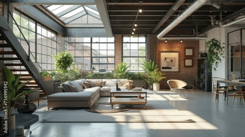 Spacious modern loft living room bathed in natural light