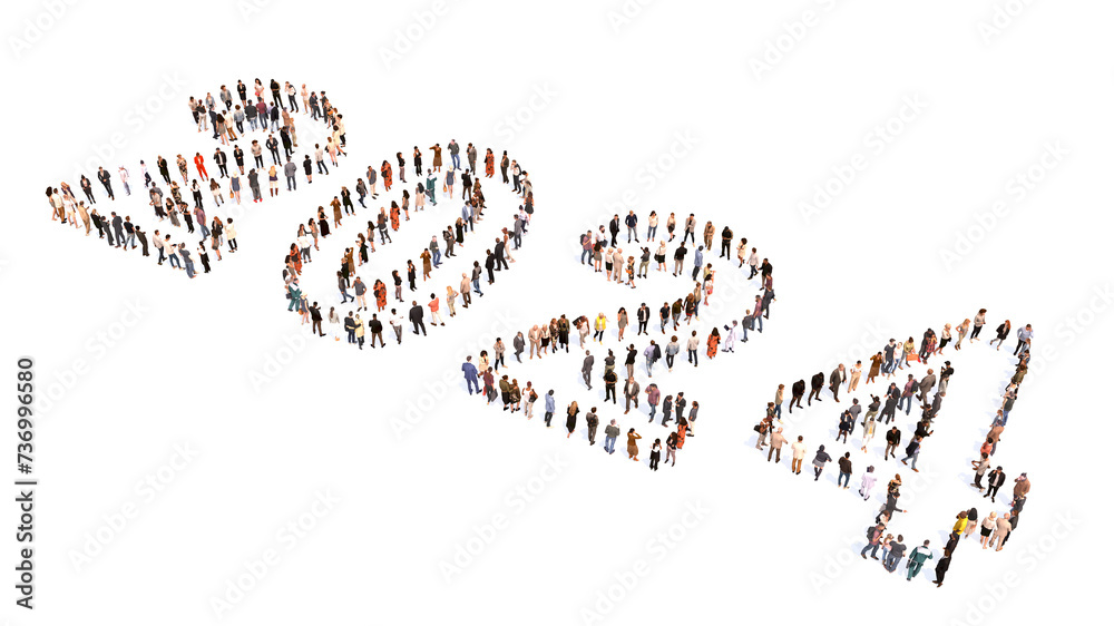 Concept or conceptual large community of people forming 2024 year. 3d illustration metaphor for celebration, festive, party, hope, future, prosperity, health and luck, business and teamwork Concept or conceptual large community of people forming 2024 year. 3d illustration metaphor for celebration, festive, party, hope, future, prosperity, health and luck, business and teamwork
