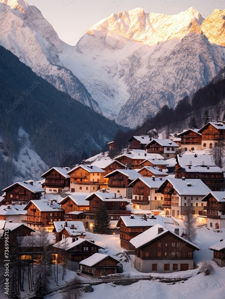 Golden Hour Majesty: Captivating Alpine Villages in Winter's Golden Light on White Snow