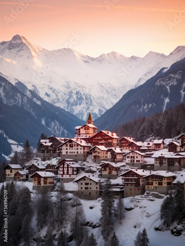 Golden Hour Magic: Captivating Alpine Villages Bathed in Golden Light on Undisturbed White Snow