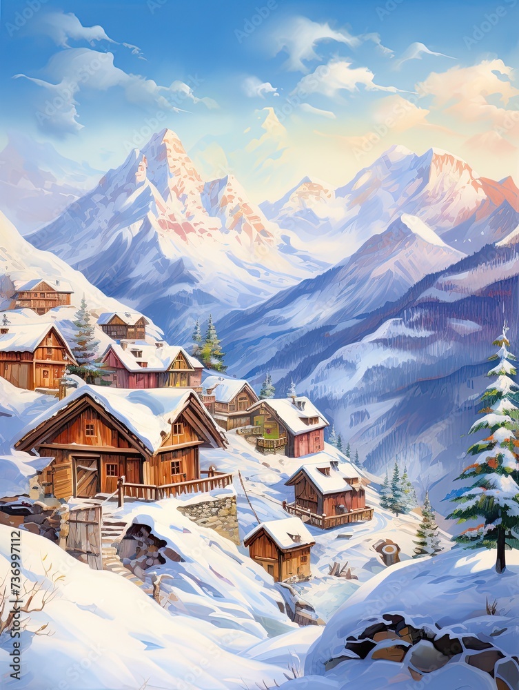 High-Altitude Homes: Majestic Alpine Villages in Winter Mountain Landscape Art